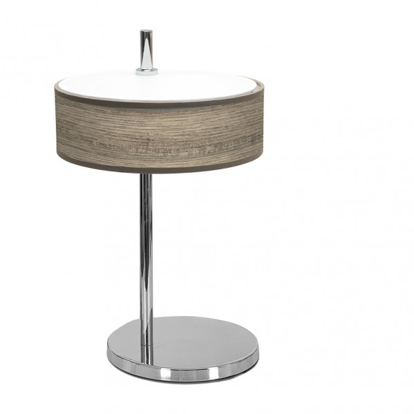 Lámpara de noche moderna con pantalla de madera, soporte cromado y parte superior blanca.