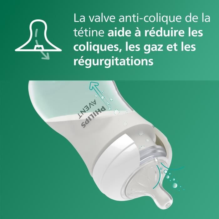 Eine umgedrehte Philips Avent Babyflasche mit Anti-Kolik-Ventil und französischem Text.