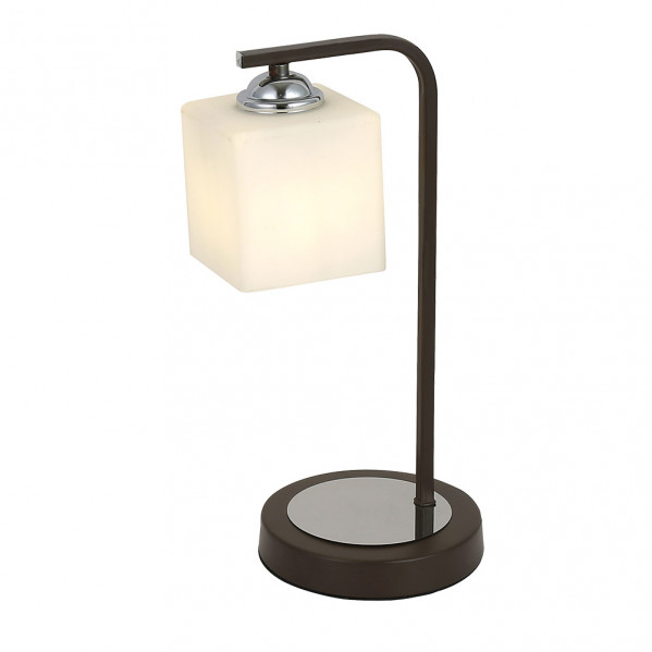 Lámpara de escritorio moderna con estructura metálica marrón oscura, base redonda y pantalla de vidrio blanco.