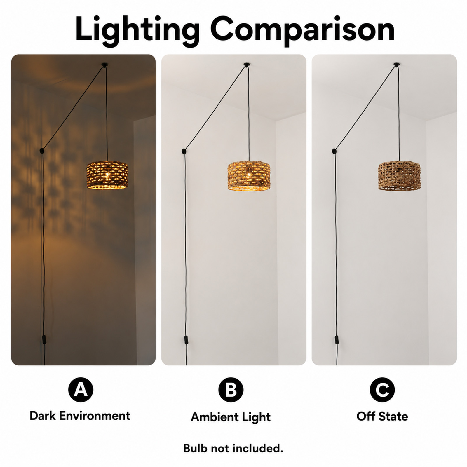 Comparación de iluminación de una lámpara colgante en entorno oscuro, con luz ambiental y apagada.