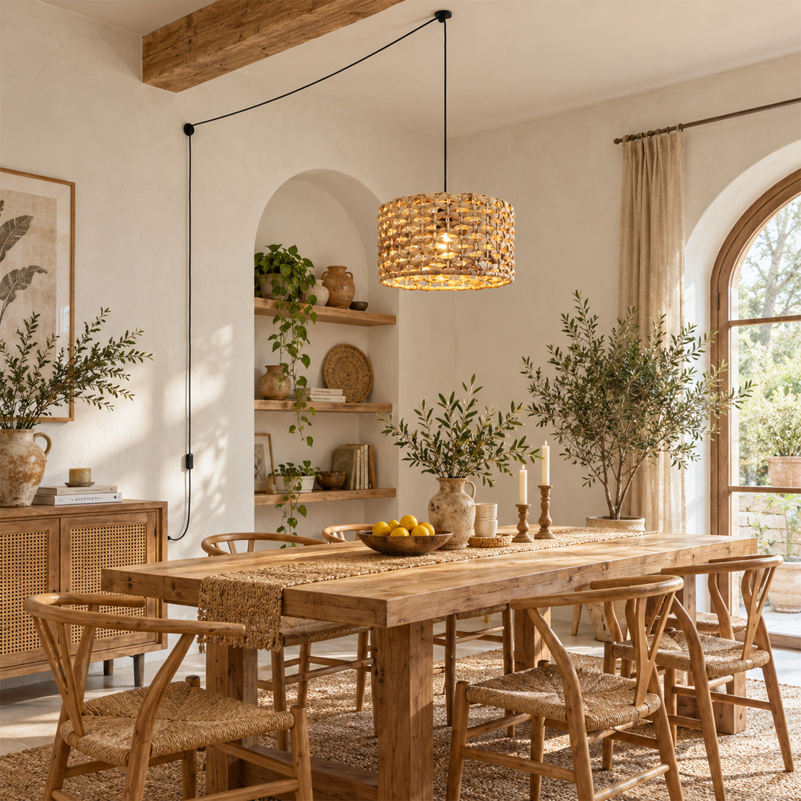 Comedor rústico con mesa de madera, sillas de mimbre, lámpara colgante y plantas en macetas.