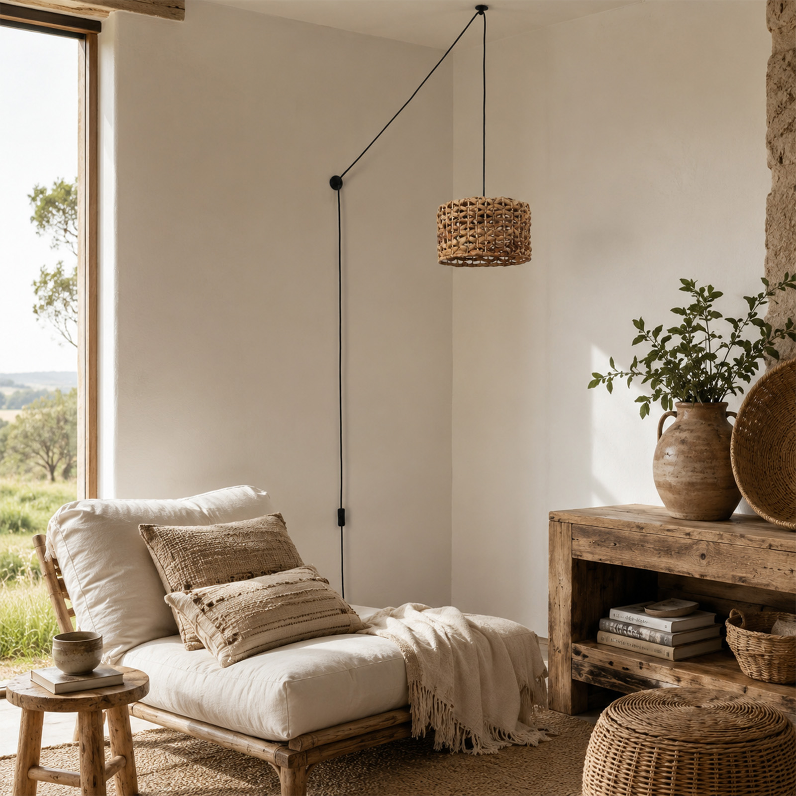 Cálida esquina con diván blanco, lámpara de pared tejida y mesa de madera con jarrón junto a la ventana.