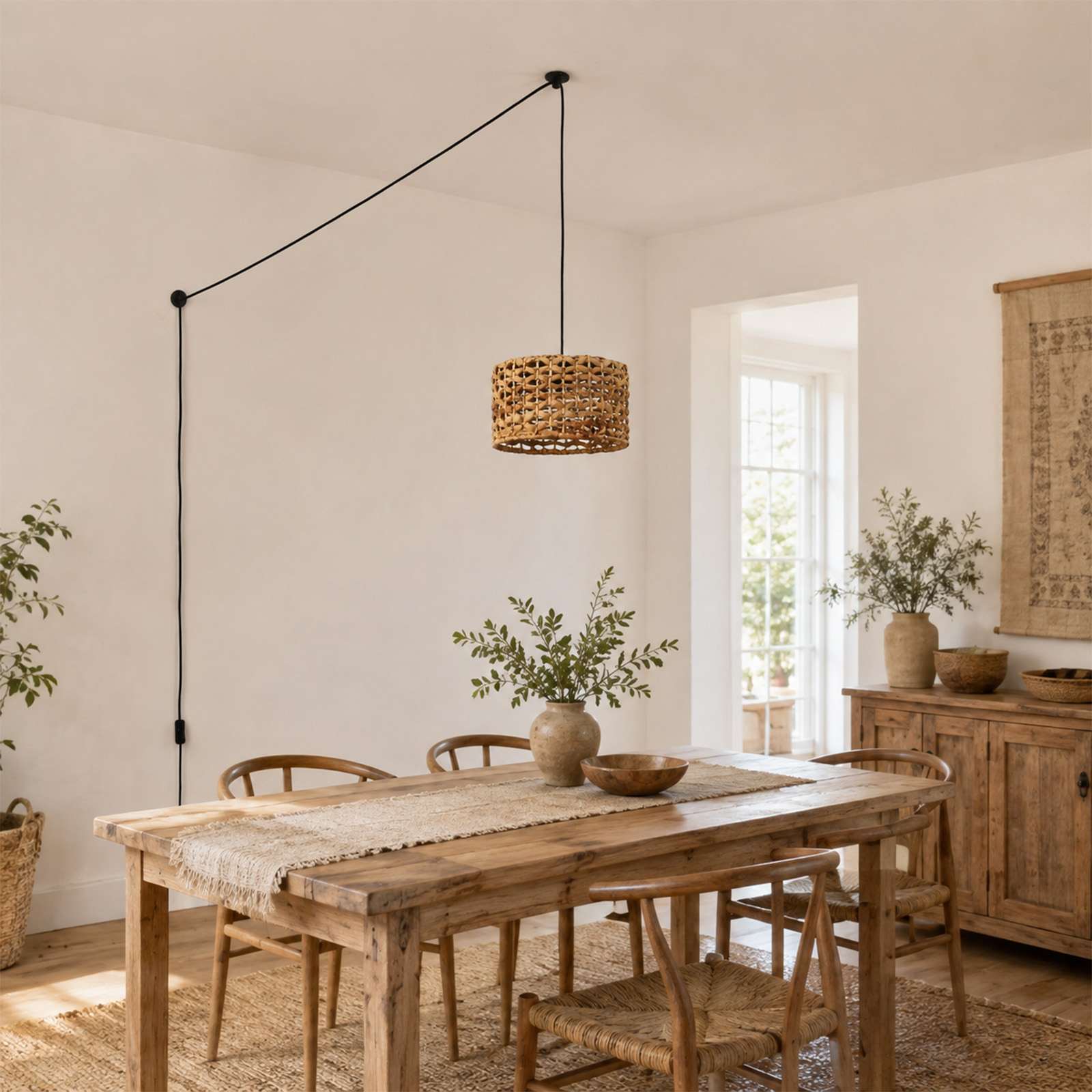 Un comedor rústico con mesa de madera, sillas, lámpara colgante tejida y decoración de plantas.