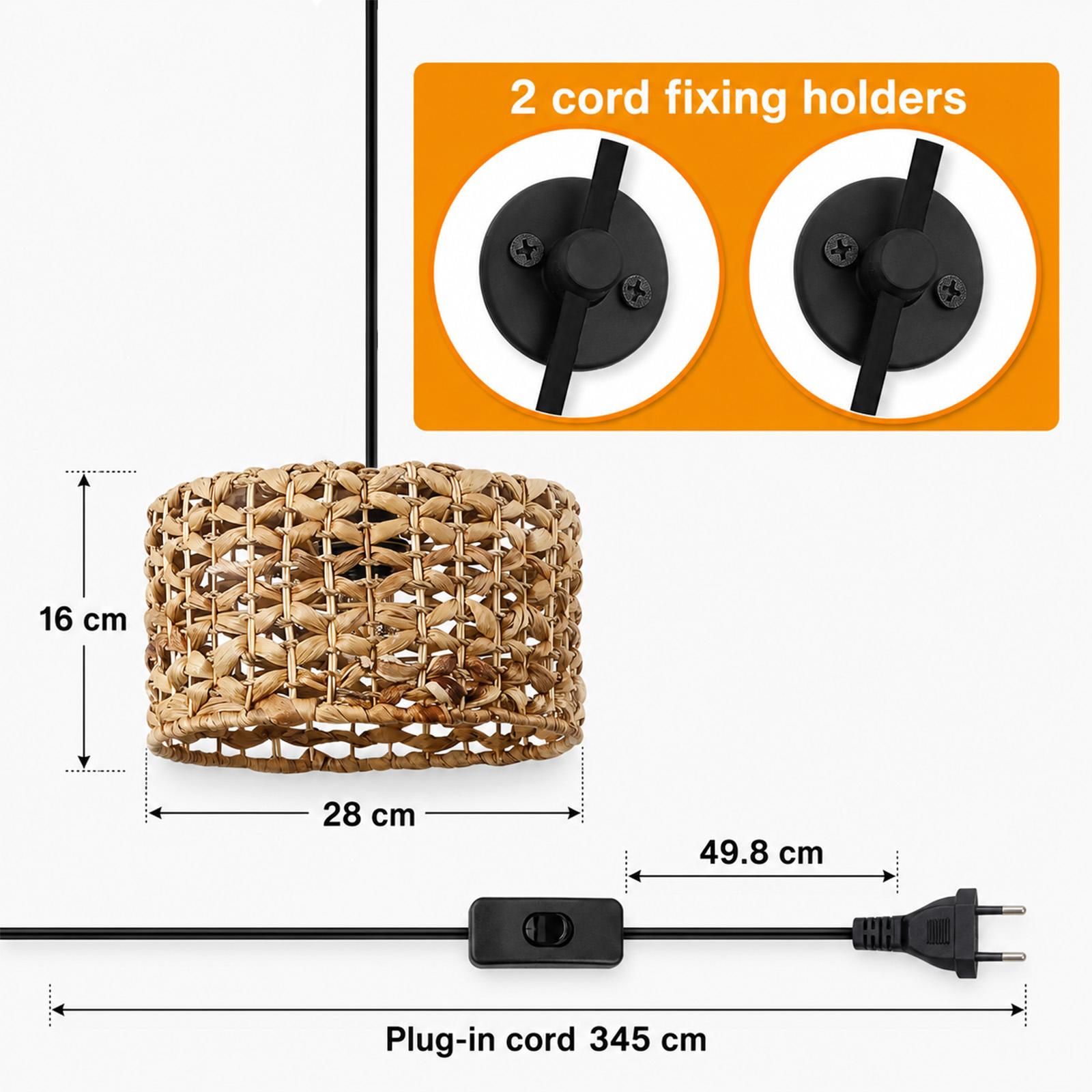 Pantalla de lámpara tejida con dimensiones, soportes para cable y enchufe.