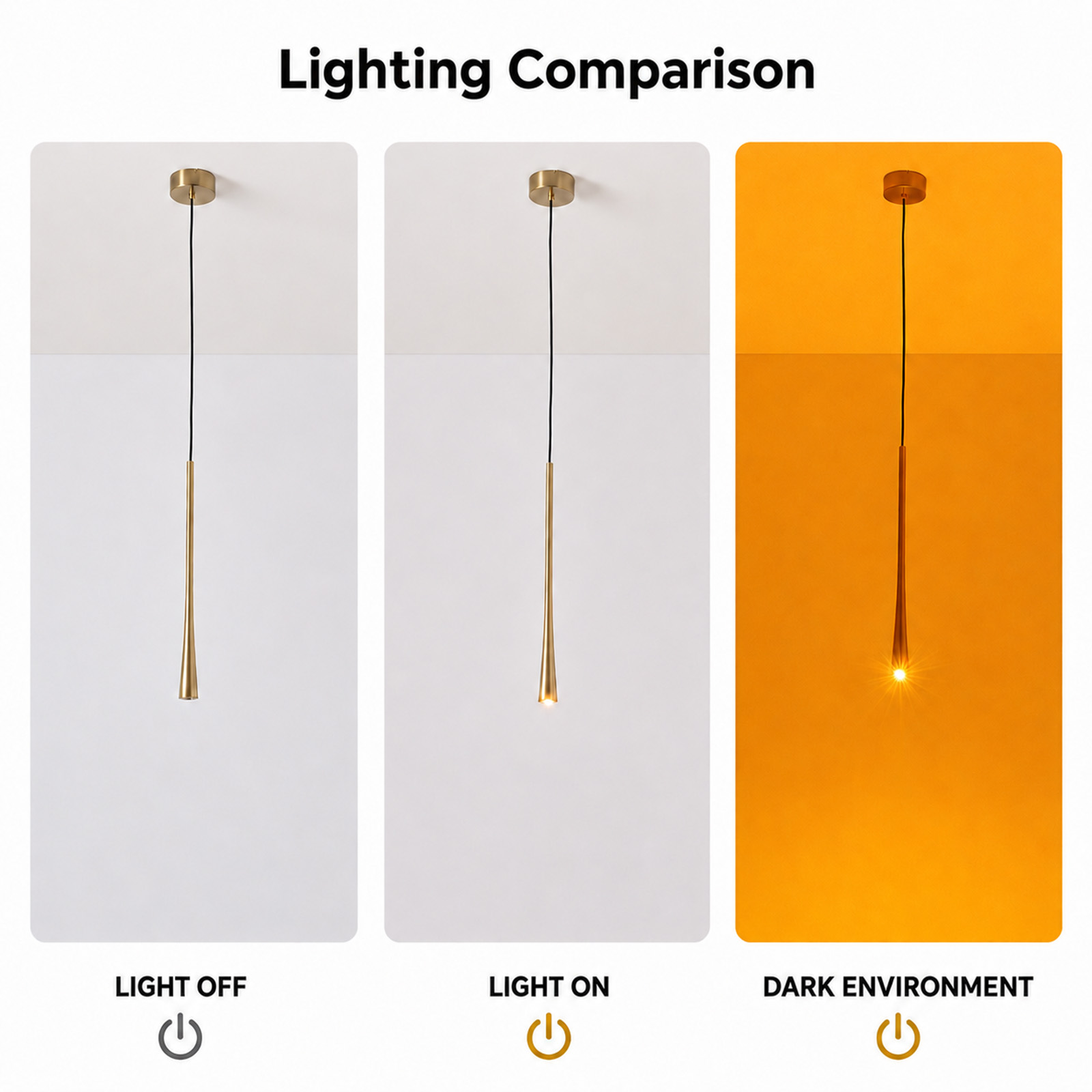 Comparación de iluminación de una lámpara colgante: apagada, encendida y en ambiente oscuro.