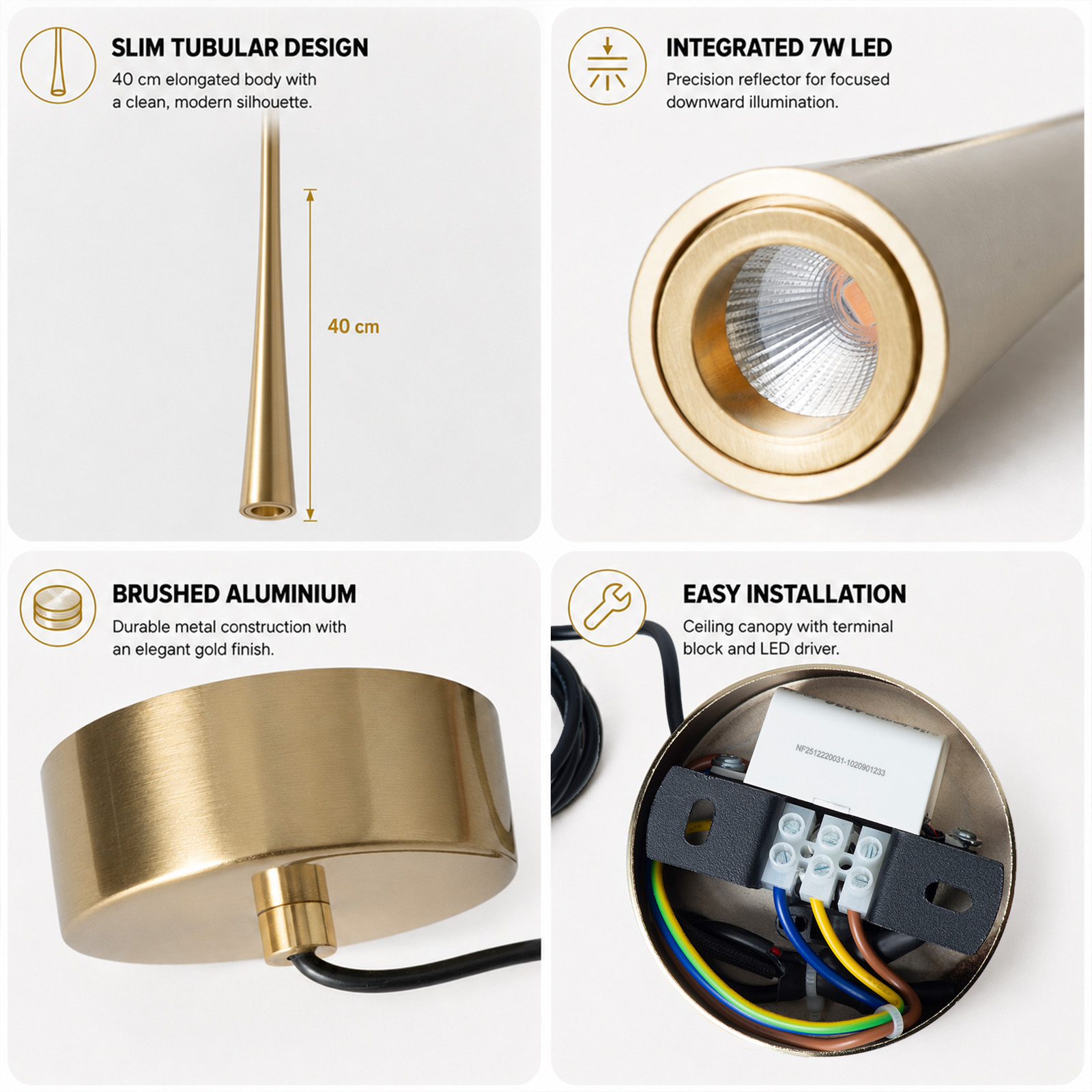 Cuatro paneles detallan una lámpara colgante dorada de 40 cm, su LED, acabado de aluminio cepillado y cableado.