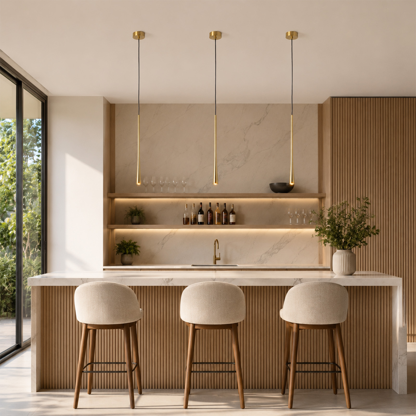 Bar moderno con mostrador blanco, tres taburetes claros, lámparas colgantes doradas y estante de botellas.