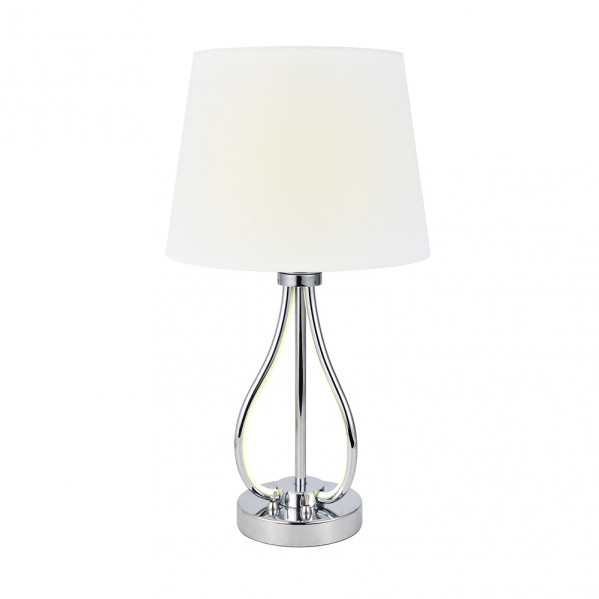 Lámpara de mesa moderna con pantalla blanca y soporte curvo de cromo sobre fondo blanco.