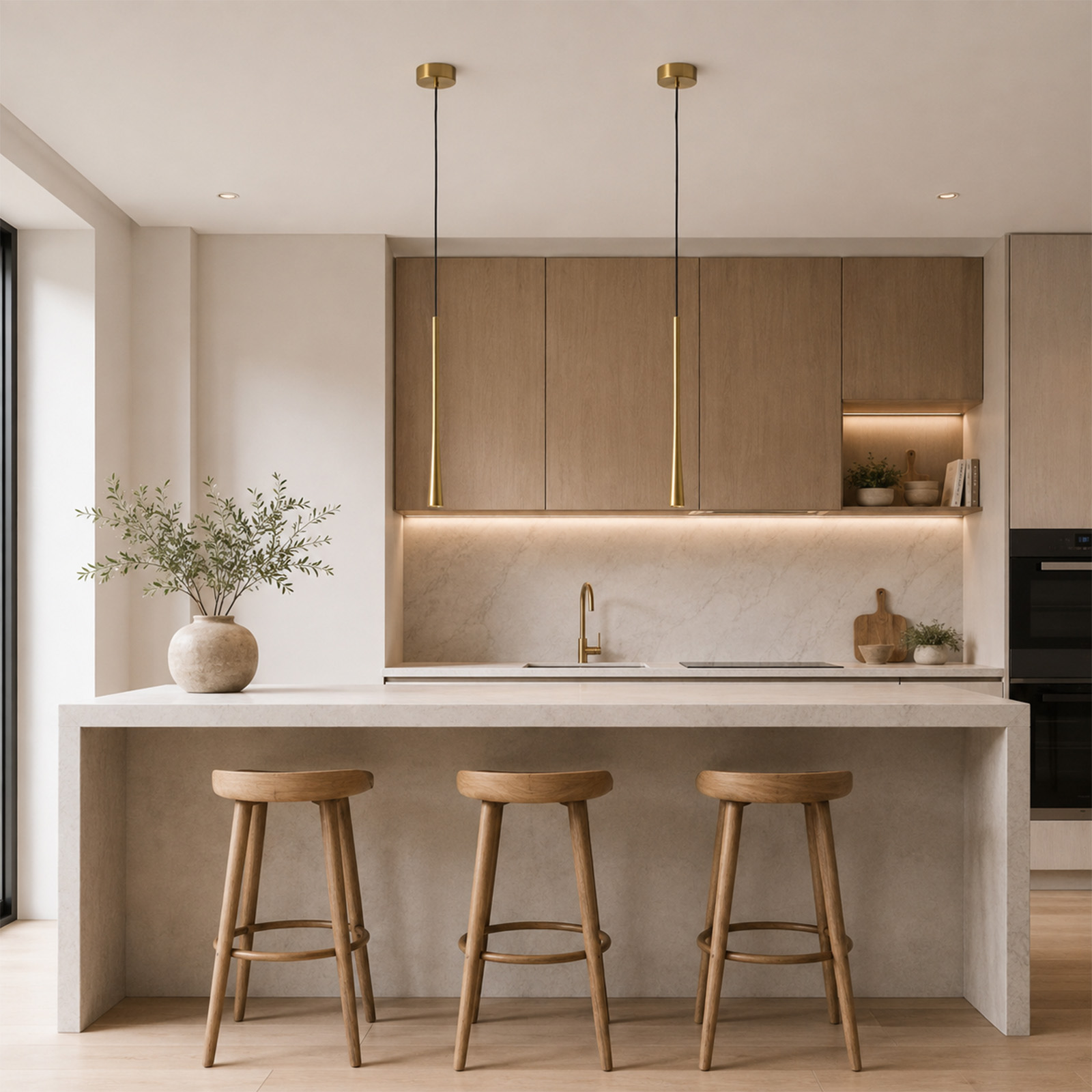 Moderna cocina con taburetes de madera, luces colgantes doradas e isla de piedra con planta.
