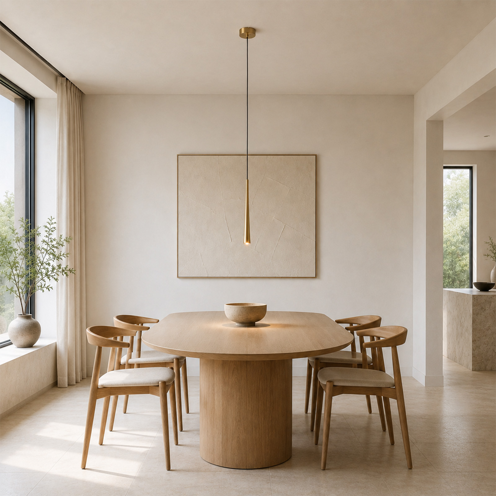 Un comedor minimalista con una mesa redonda de madera, cuatro sillas, un bol y una lámpara colgante.