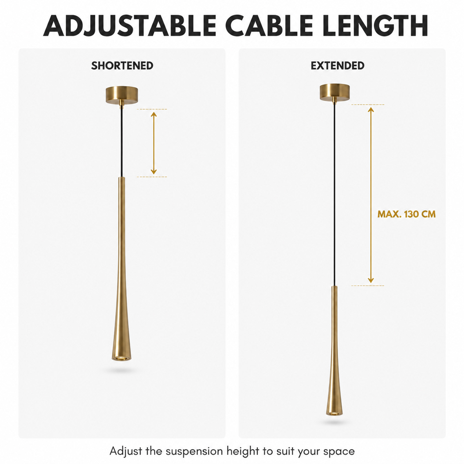 Diagrama que muestra la longitud de cable ajustable de una lámpara colgante dorada, de corta a máx 130 cm.
