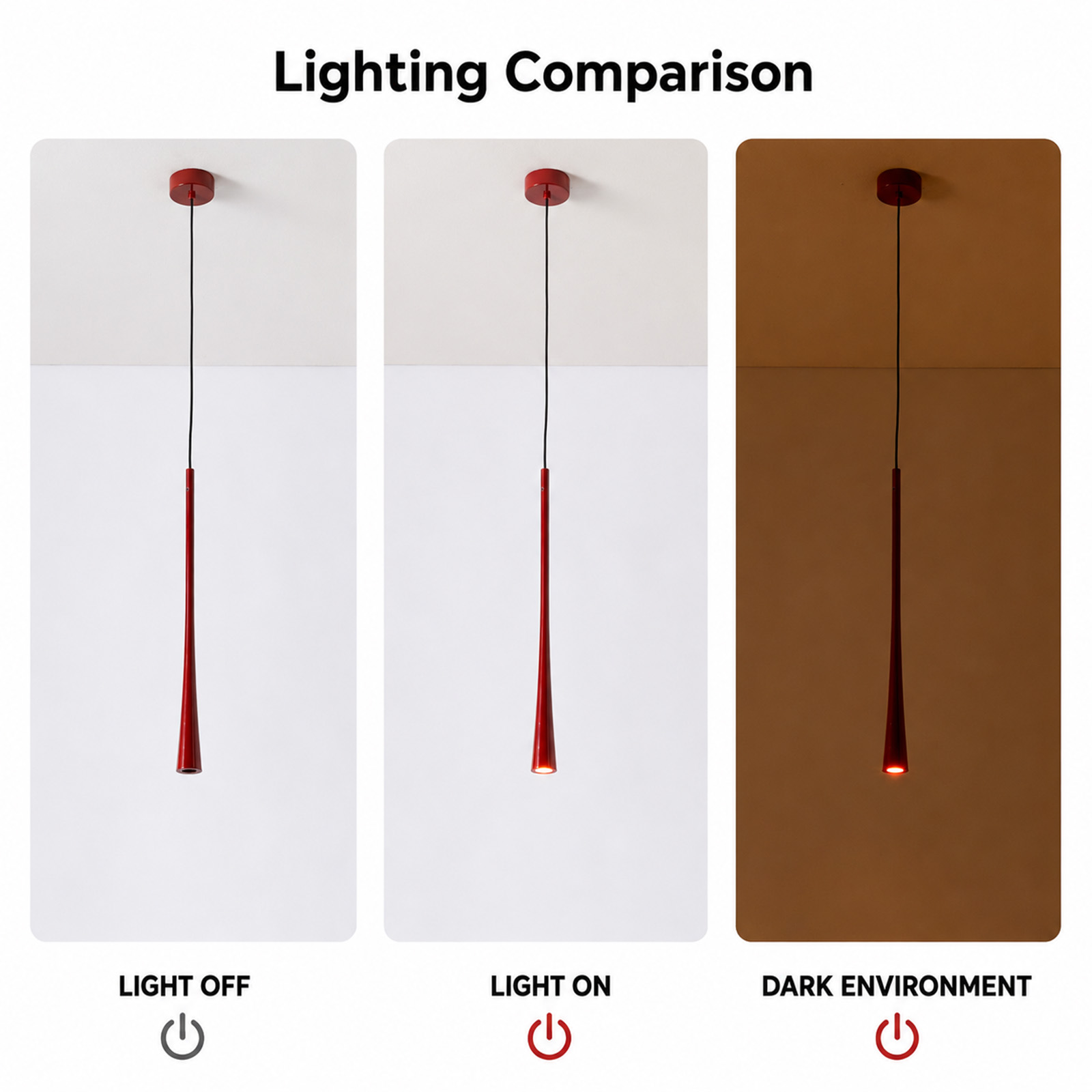 Comparación de iluminación de una lámpara colgante roja: luz apagada, encendida y en entorno oscuro.