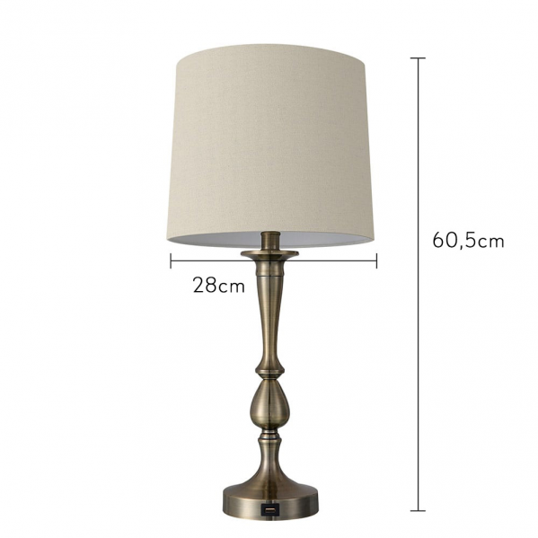 Lámpara de mesa de latón con pantalla beige, altura 60,5 cm, ancho 28 cm, sobre fondo blanco.
