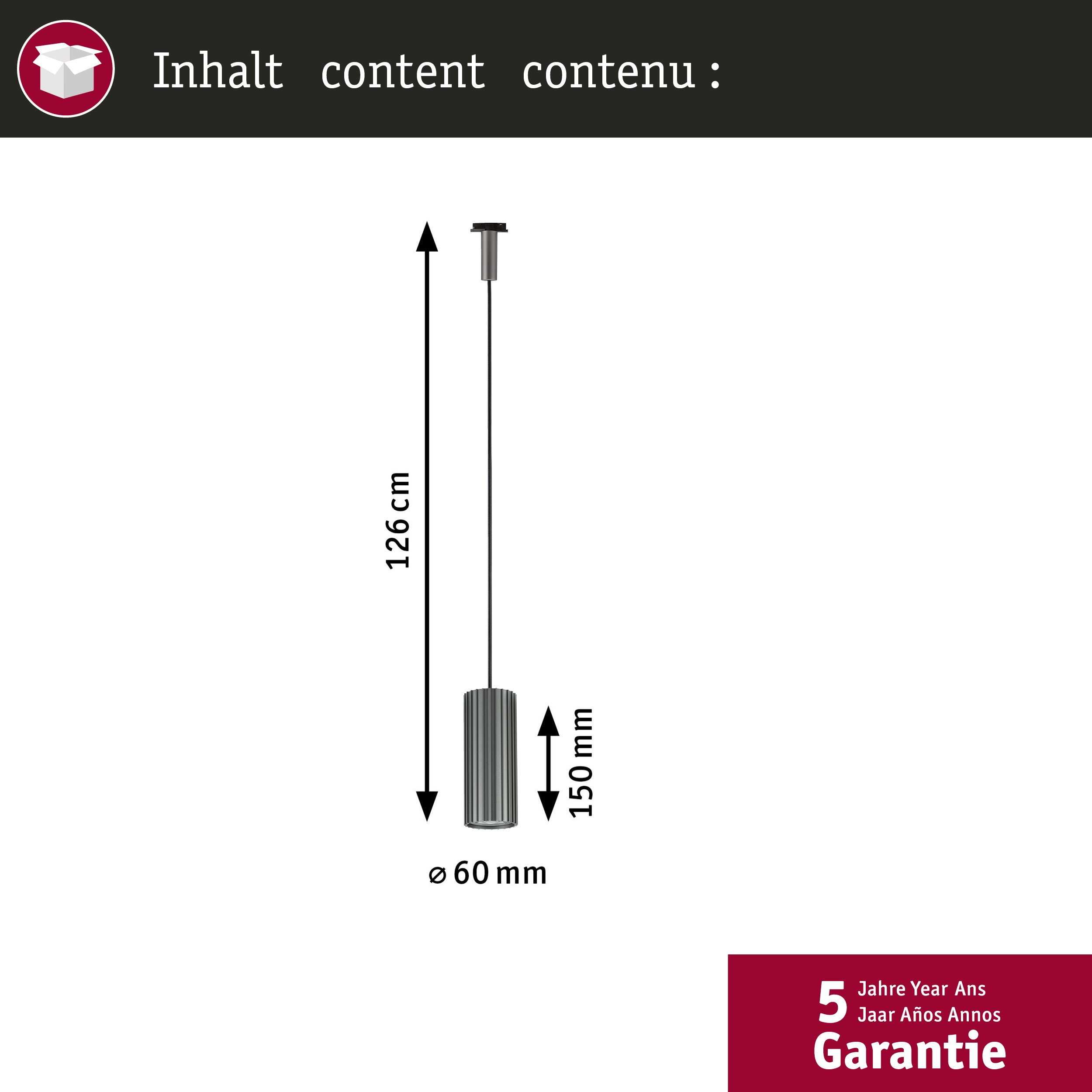Diagramm einer zylindrischen Pendelleuchte mit Maßangaben von 126 cm Höhe, 150 mm Lampenlänge und 60 mm Durchmesser.