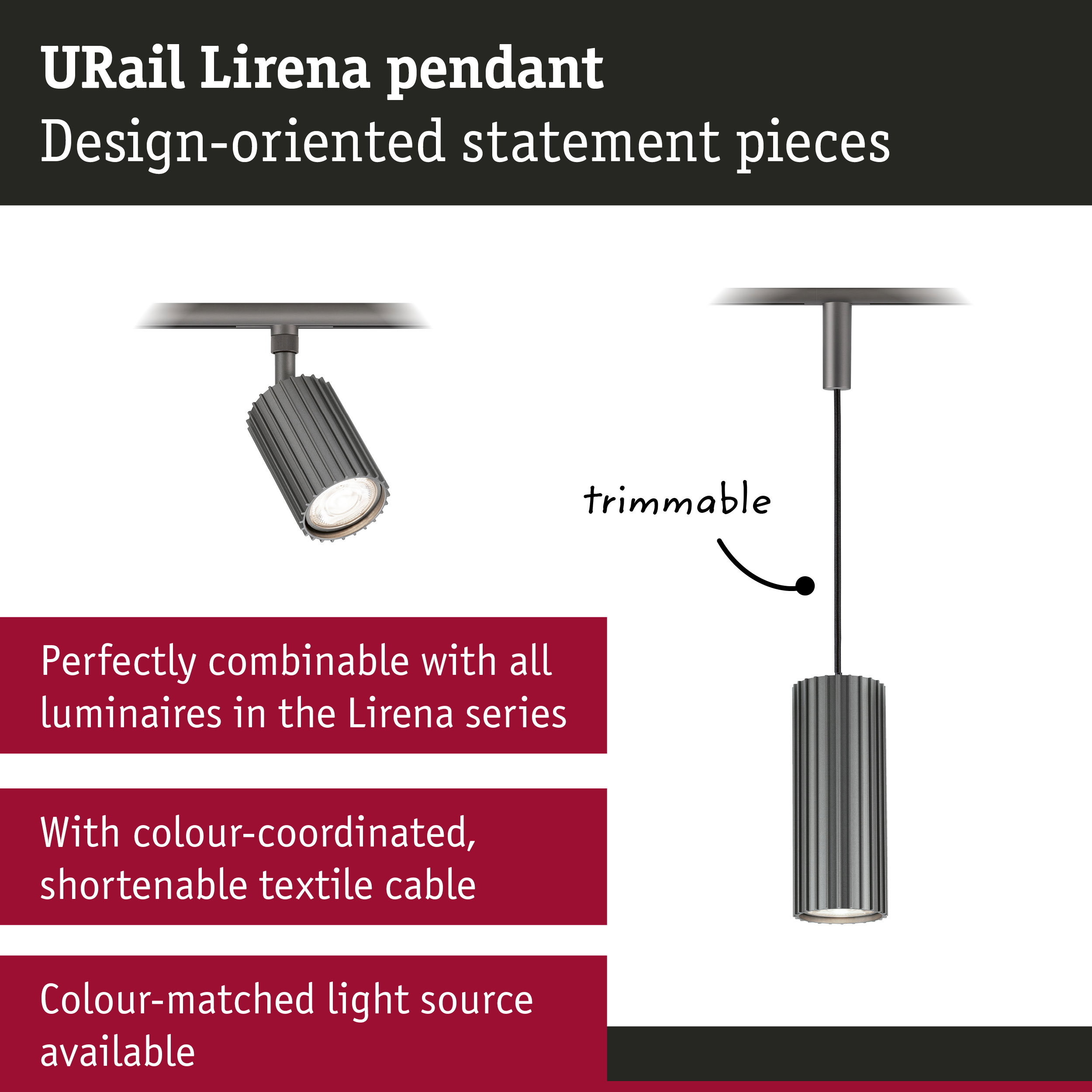 URail Lirena Pendelleuchte mit kÃ¼rzbarem Textilkabel, gezeigt mit Eigenschaften und passendem Spot.