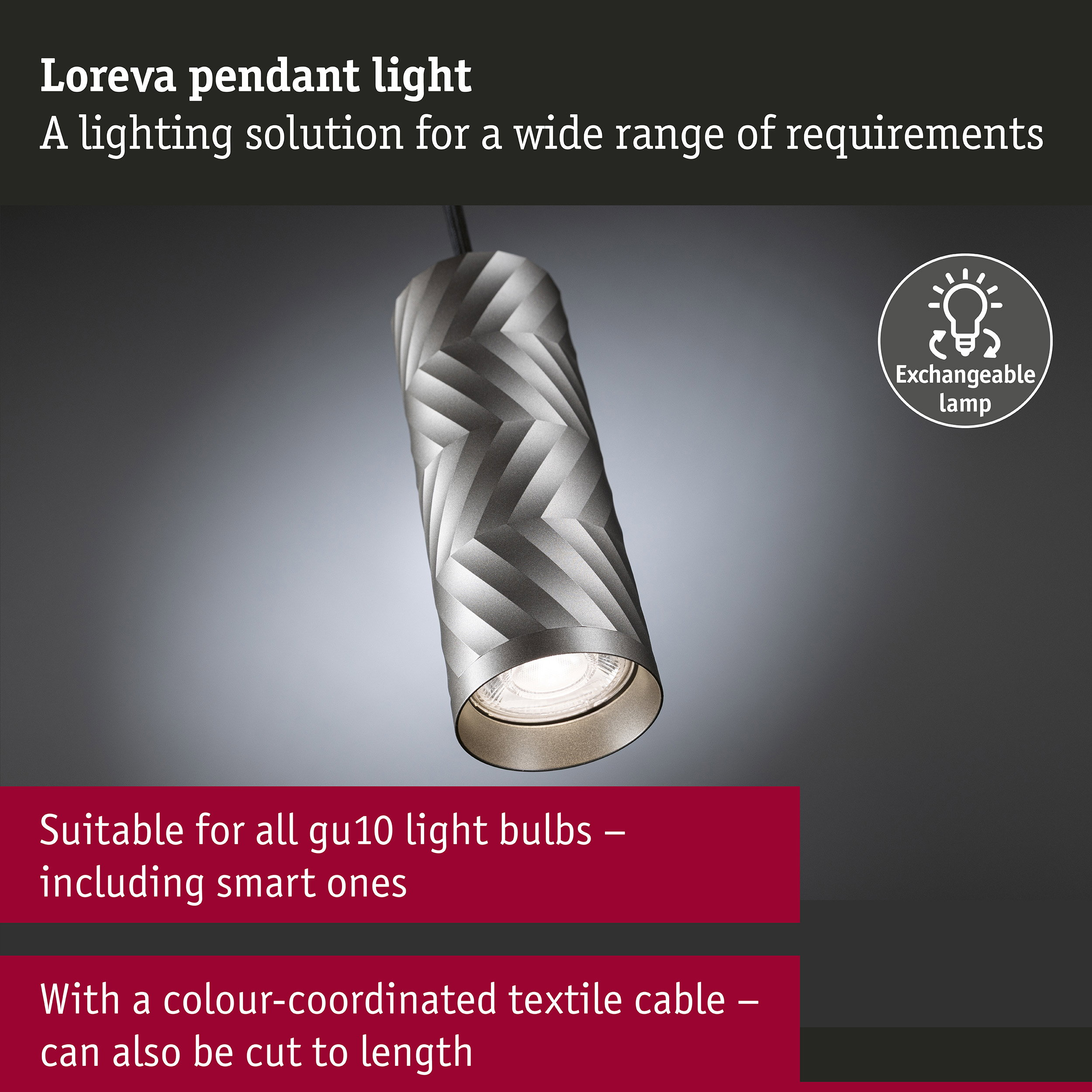 Loreva Pendelleuchte mit strukturiertem Metallzylinder vor grauem Hintergrund und Textfeldern.