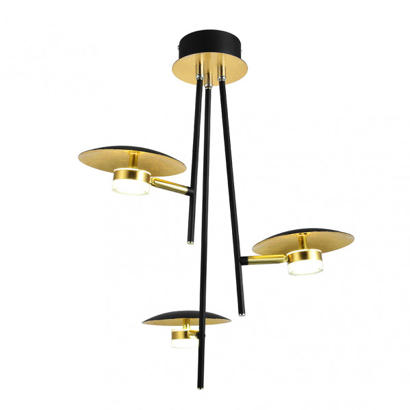 Moderna lámpara de techo negra y dorada con tres luces asimétricas.