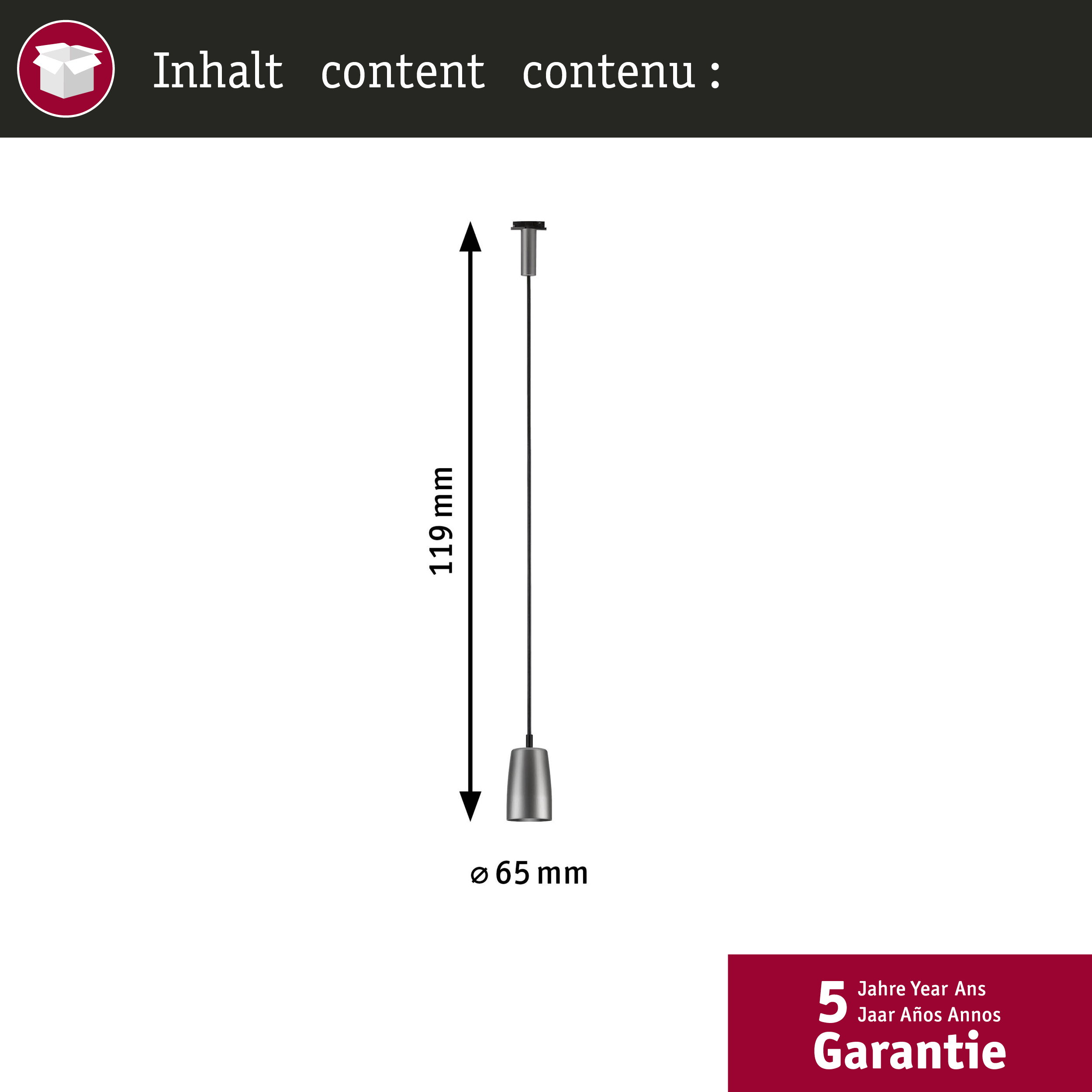 Diagramm einer grauen Pendelleuchte mit 119 mm Höhe und 65 mm Durchmesser.