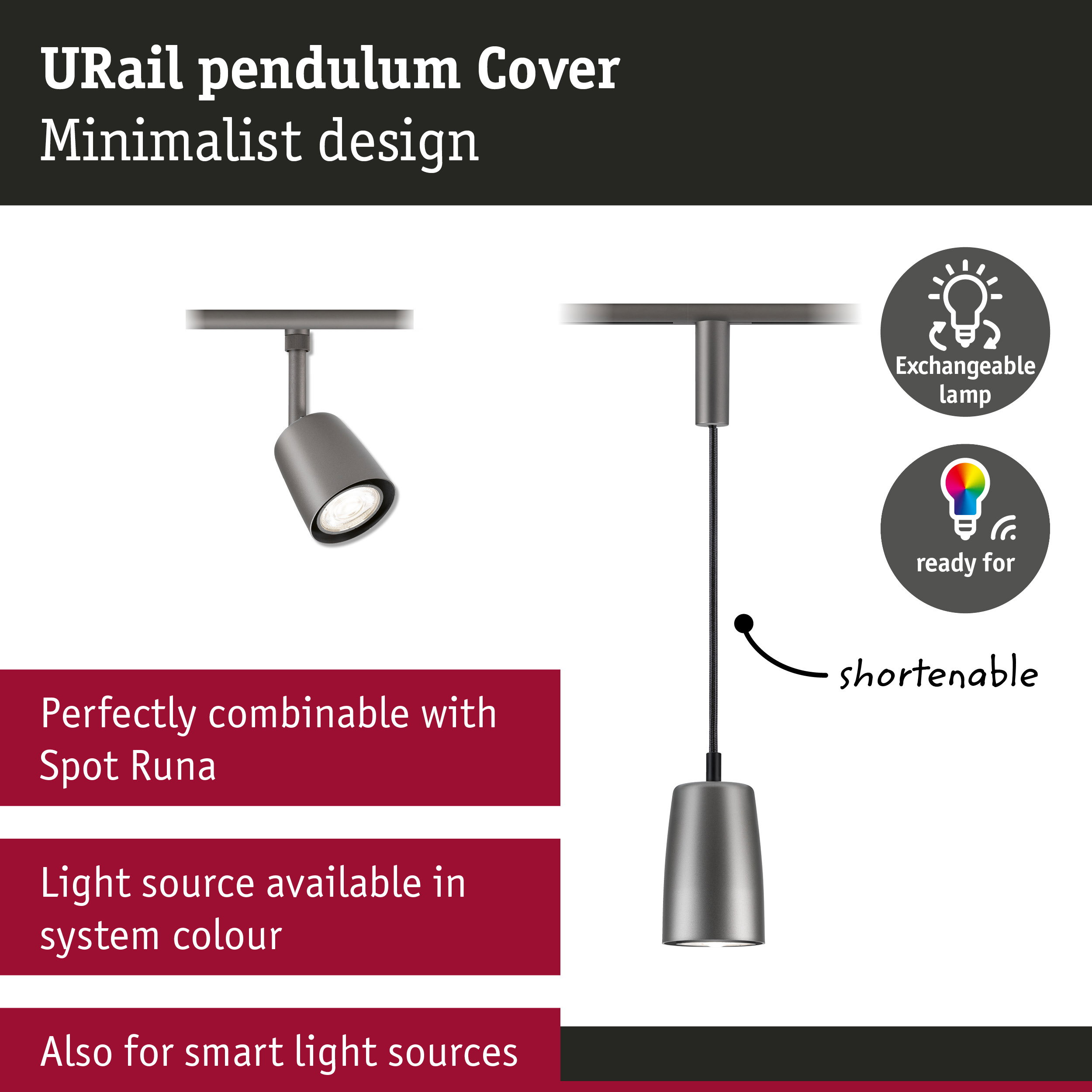 URail Pendelabdeckung in minimalistischem Design, kombinierbar mit Spot Runa und smarten Leuchtmitteln.