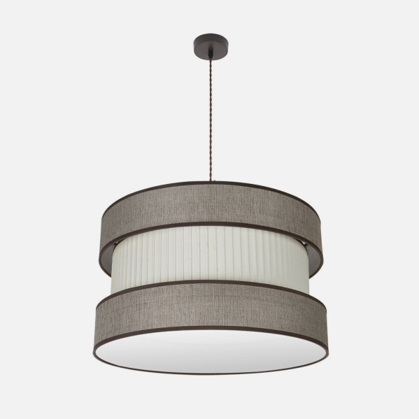 Lámpara colgante moderna con pantalla de tela gris y blanca de dos niveles.