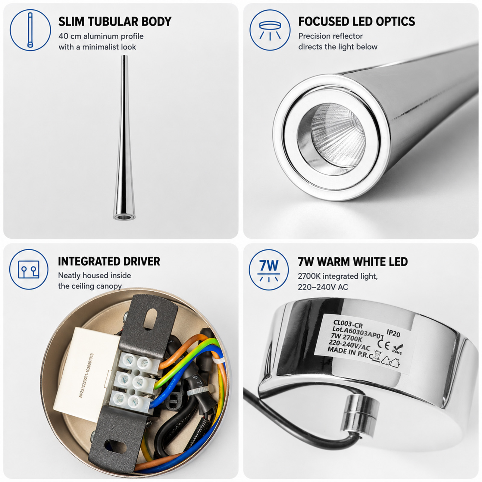 Cuatro paneles muestran cuerpo tubular de aluminio, óptica LED enfocada, controlador integrado y LED blanco cálido de 7W.