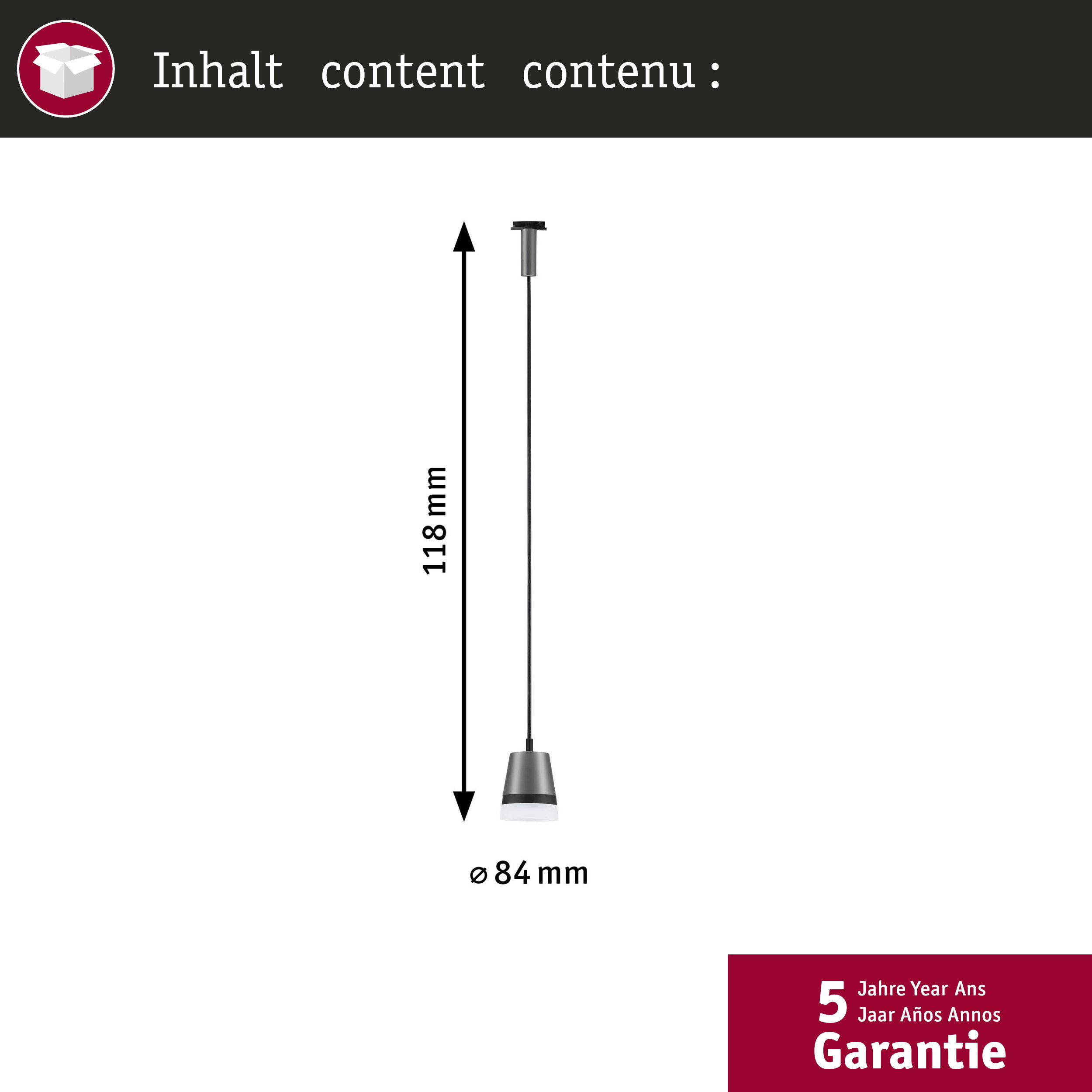 Diagramm einer grauen Hängeleuchte mit 118 mm Höhe und 84 mm Durchmesser.