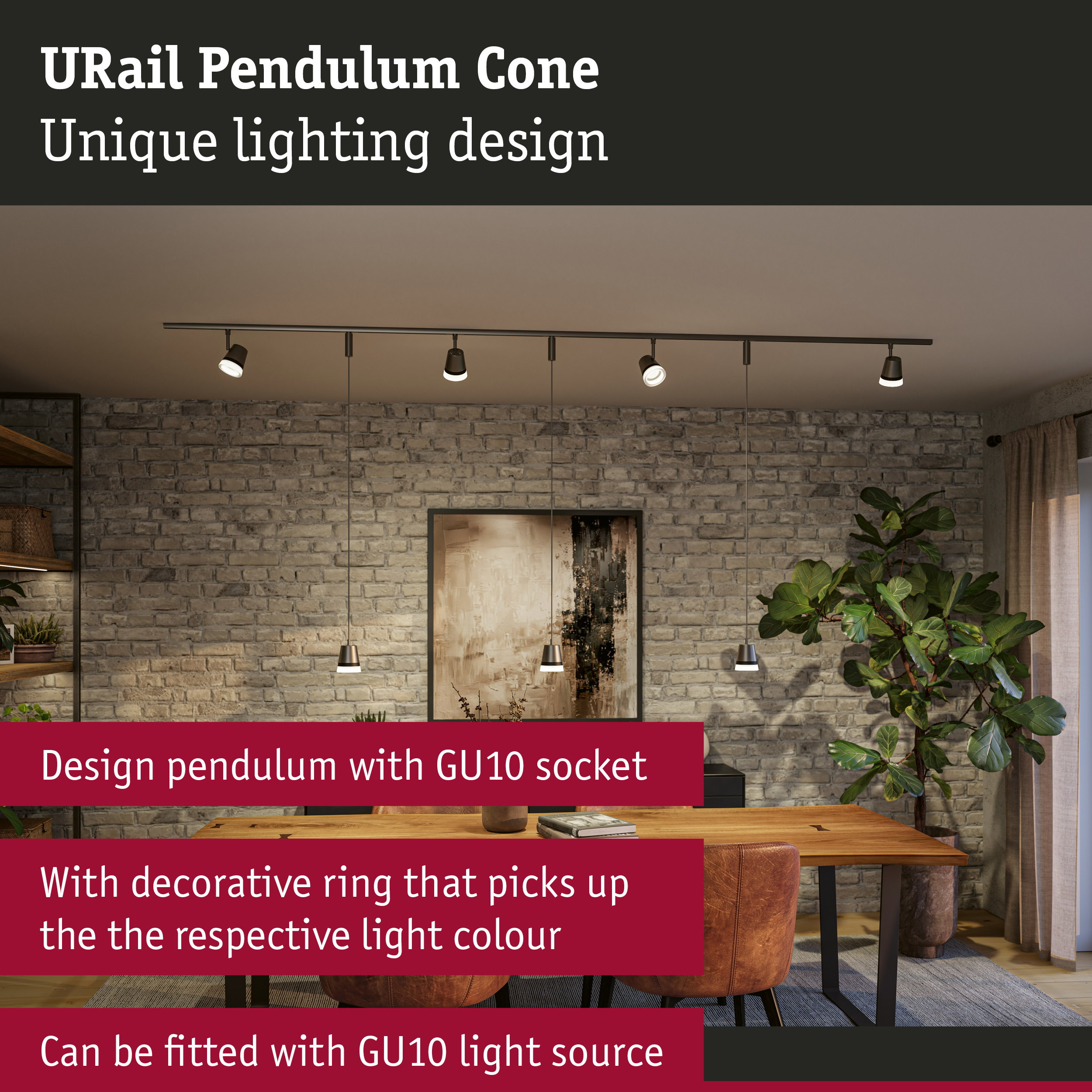 URail Pendulum Cone Beleuchtung über Holztisch vor Ziegelwand.