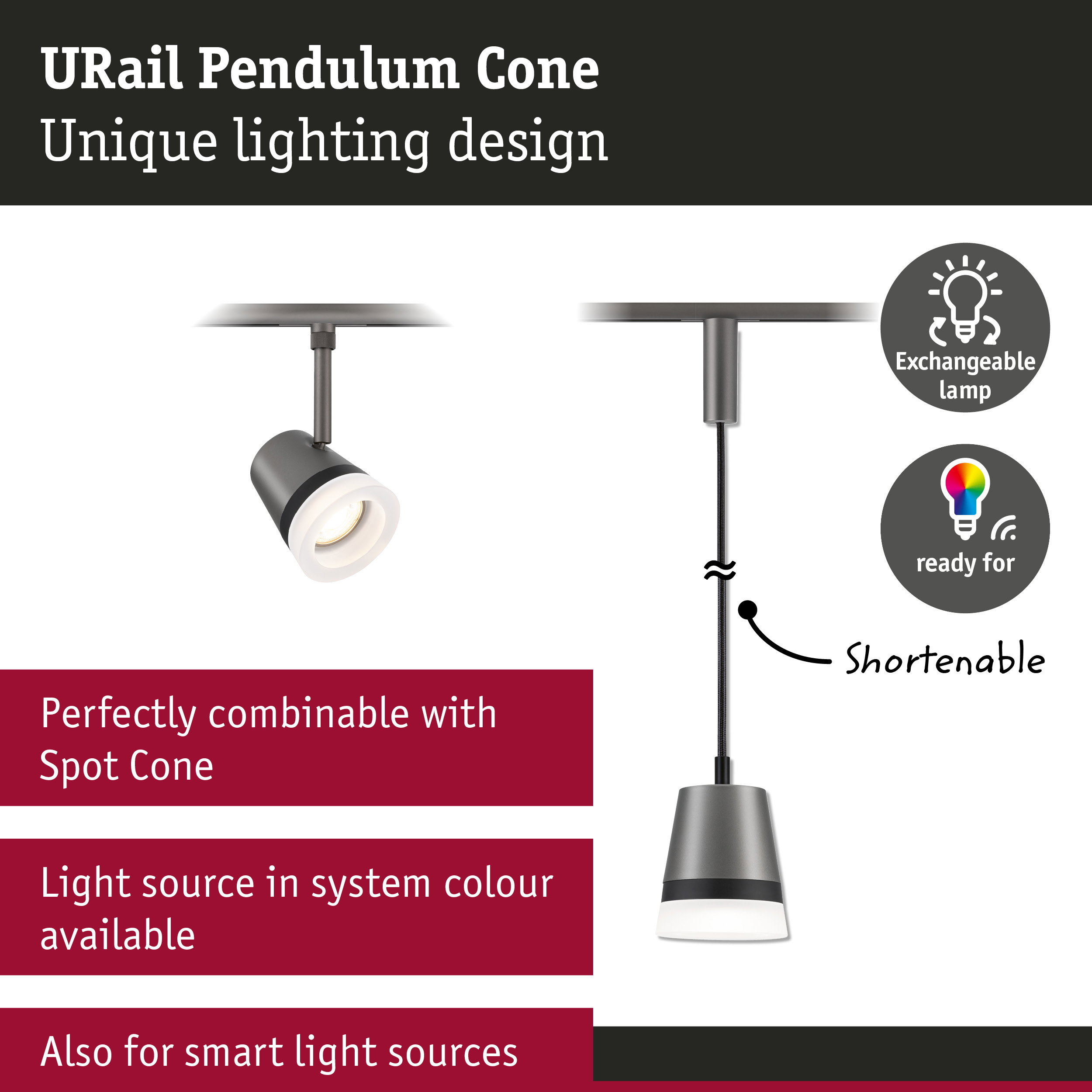 Produktbanner für URail Pendulum Cone mit verstellbaren grauen Leuchten und Funktionssymbolen.