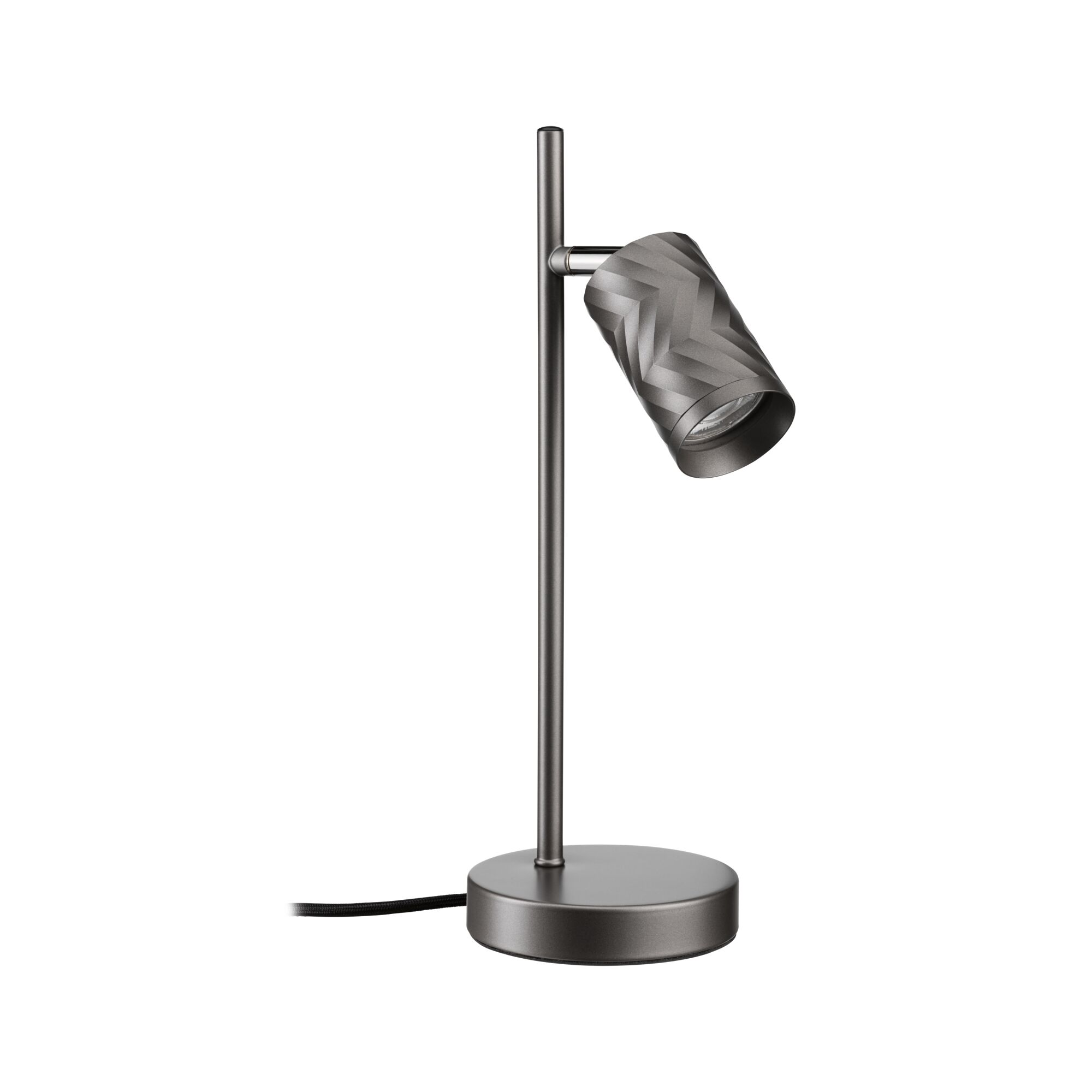 Moderne graue Schreibtischlampe mit zylindrischem, gemustertem Schirm auf rundem Fuß.