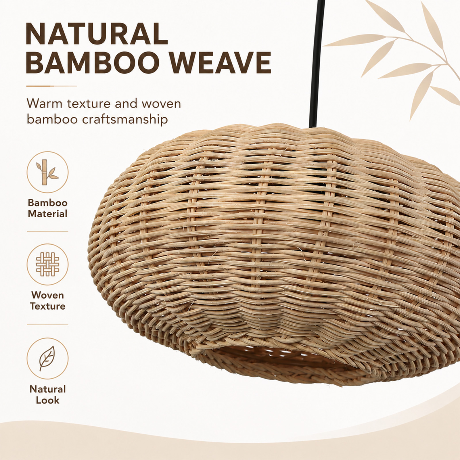 Una pantalla de lámpara de bambú tejido cuelga sobre un fondo blanco con texto promocional sobre tejido de bambú natural.
