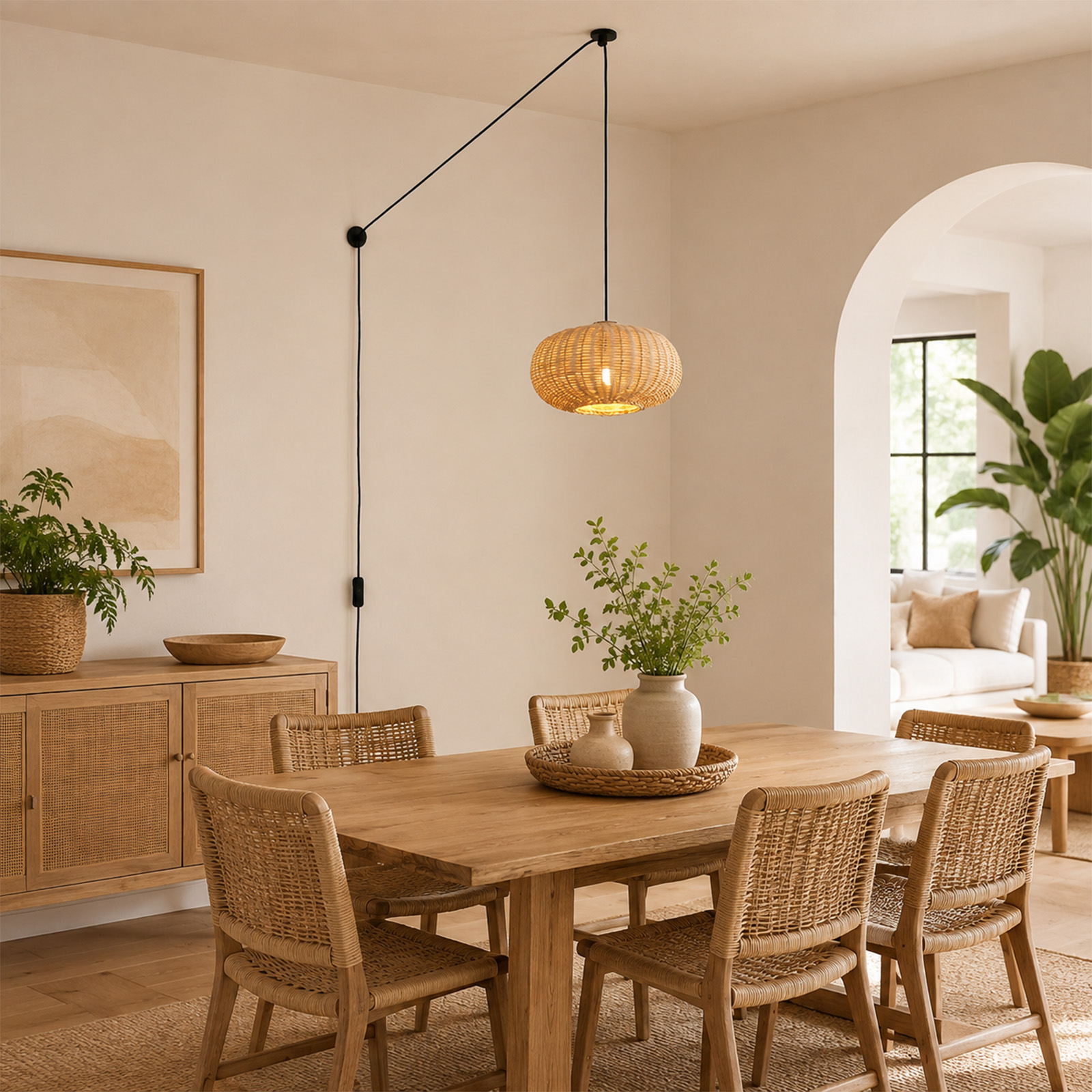 Un comedor con mesa de madera, sillas de mimbre y lámpara colgante en una pared neutra.