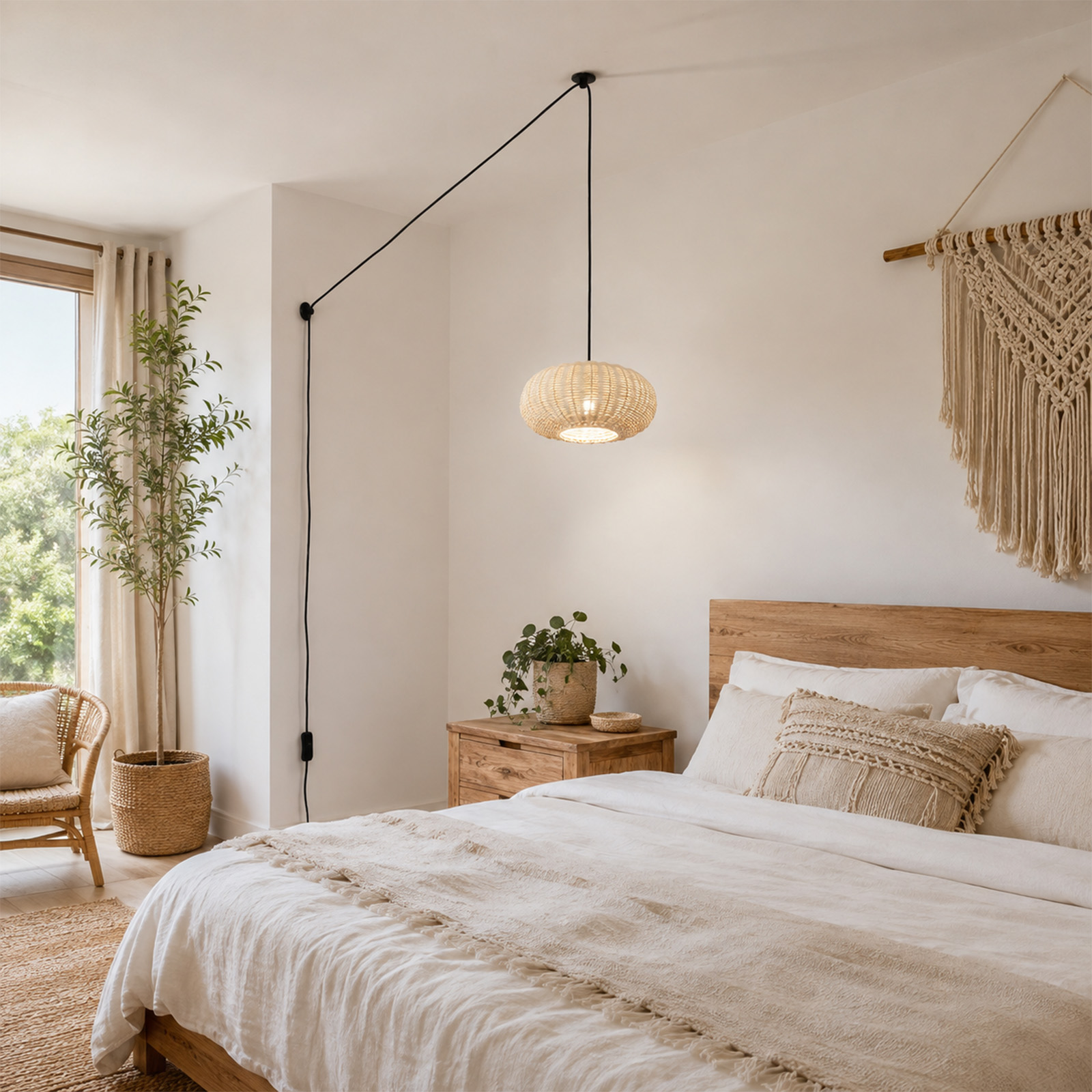 Acogedor dormitorio con cama de madera, ropa de cama clara, lámpara colgante tejida y tapiz de macramé.