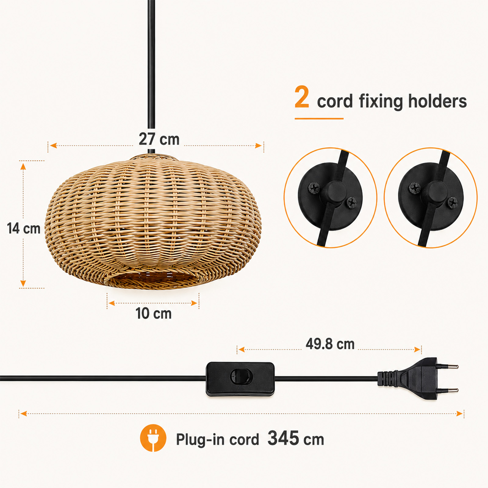 Diagrama de una lámpara colgante de ratán con dimensiones, dos soportes para cable y un cable de 345 cm con interruptor.
