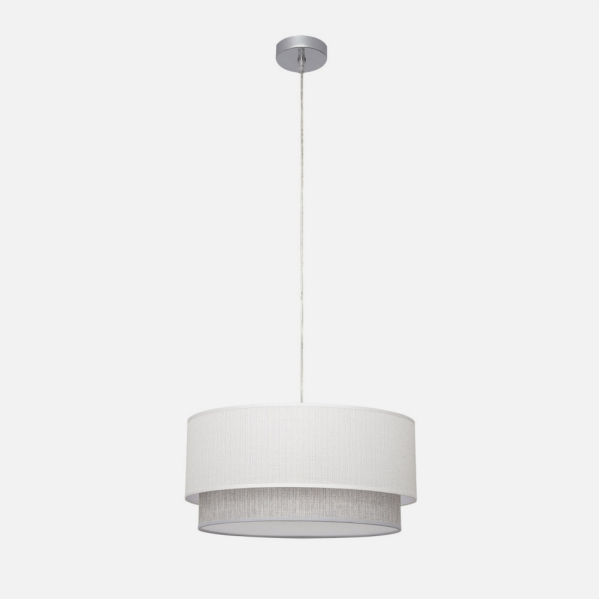 Una lámpara de techo colgante con una pantalla cilíndrica de dos niveles en blanco y gris sobre fondo neutro.