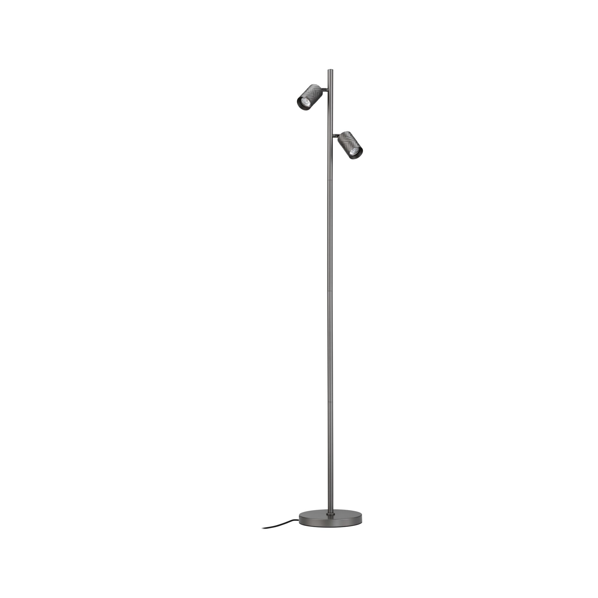 Eine graue Stehlampe mit zwei verstellbaren Spotlights oben auf einem schlanken Stab.