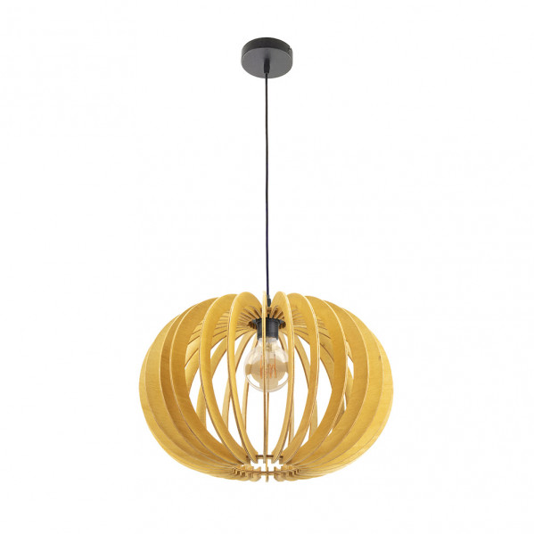 Pantalla de lámpara de madera con bombilla colgante.