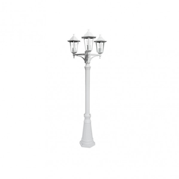 Una farola blanca de exterior con tres cabezas de linterna clásicas sobre una base decorativa.