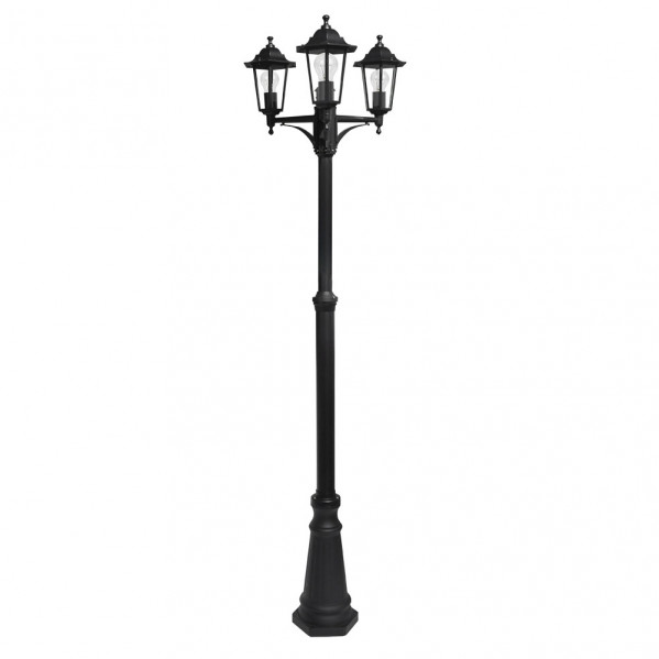 Lámpara de jardín negra de tres luces con base cónica y pantallas de cristal transparente sobre fondo blanco.