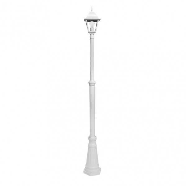 Una farola clásica blanca con una luminaria y base decorativa sobre un fondo blanco.