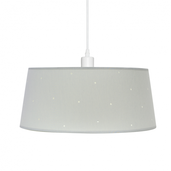 Una lámpara colgante gris con pequeños puntos blancos cuelga de un cable blanco.