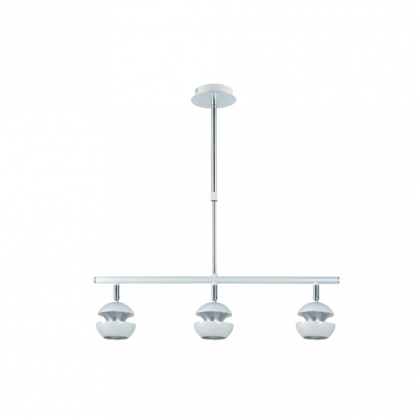 Moderna lámpara colgante blanca con tres focos esféricos en una barra horizontal sobre fondo blanco.