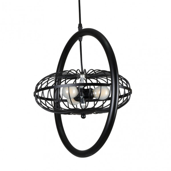 Lámpara colgante negra moderna con aros de metal y tres bombillas en su interior.