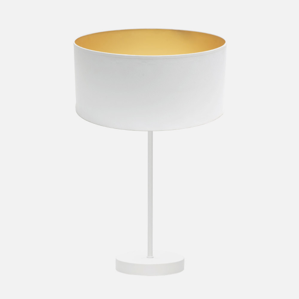 Una lámpara de mesa blanca con una pantalla cilíndrica y el interior dorado.
