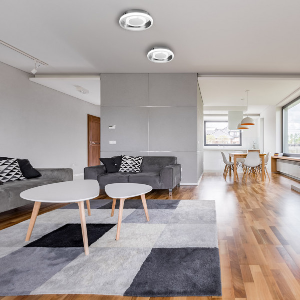 Sala de estar moderna y luminosa con dos luces de techo blancas, sofás y suelos de madera.