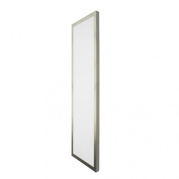 Una lámpara de techo larga y rectangular con marco de metal plateado y difusor blanco sobre fondo blanco.