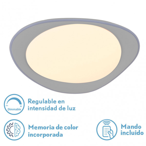 Plafón gris moderno con luz cálida, regulable, memoria de color y mando a distancia incluido.
