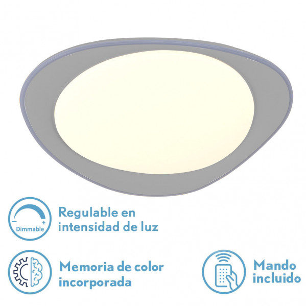 Lámpara de techo gris moderna con regulación, memoria de color y mando a distancia sobre fondo blanco.