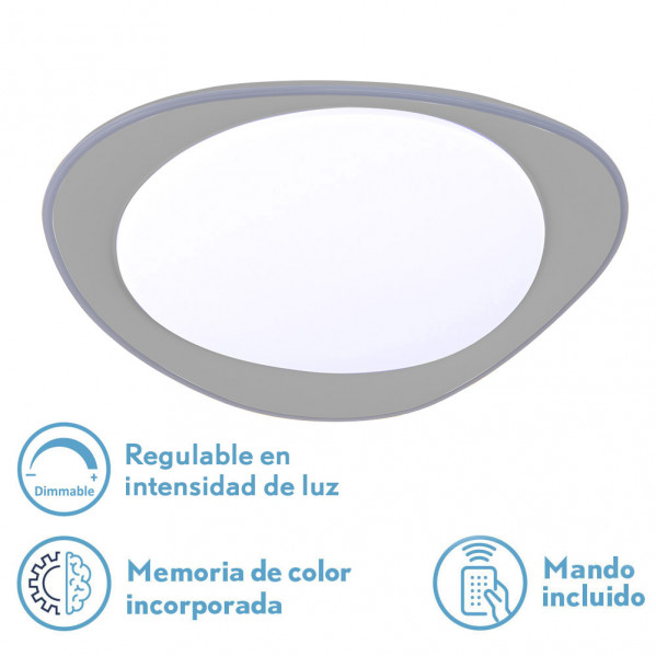 Lámpara de techo LED gris moderna con iconos de intensidad regulable, memoria de color y mando incluido.