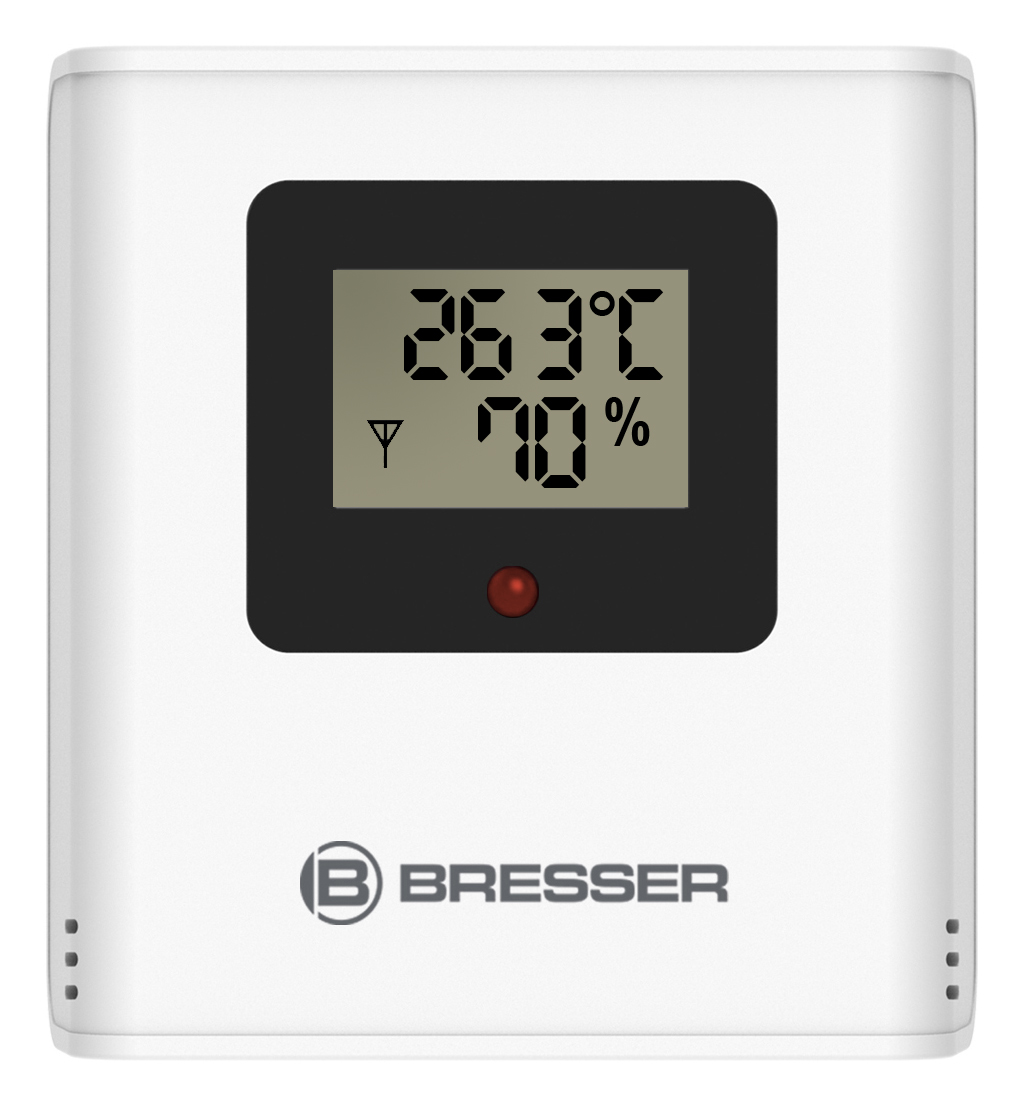 Un termohigrómetro blanco Bresser con pantalla digital que muestra 26.3°C y 70% de humedad.