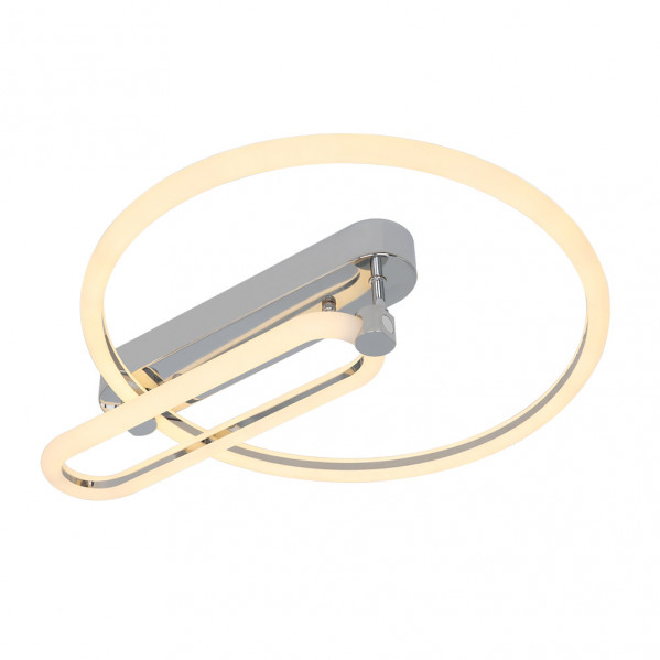 Una moderna lámpara de techo de cromo con anillos circulares y ovales iluminados sobre fondo blanco.